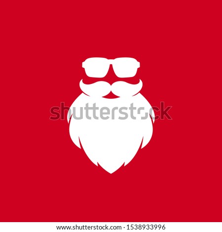Secret Santa poster. Claus face silhouette with beard and hipster sun glasses on red background. Label for party or greeting card. Vector flat illustration. Merry christmas clip art.