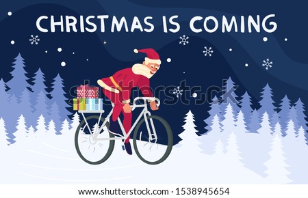 Merry Christmas and Happy New Year card! Young athletic Santa Claus cyclist isolated. Flat Art Vector illustration
