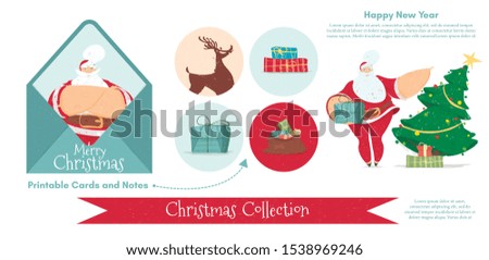 Collection of Christmas New Year Elements, Printable Cards and Notes Isolated on White Background. Santa Claus, Fir Tree, Ribbon, Reindeer, Present, Envelope Cartoon Flat Vector Illustration, Clip Art