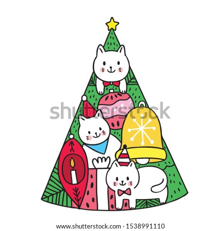 Cartoon cute Christmas  cats and christmas tree vector.