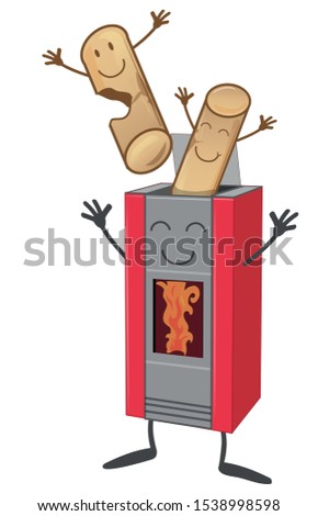 stove cartoon mascot with wood pellets mascot