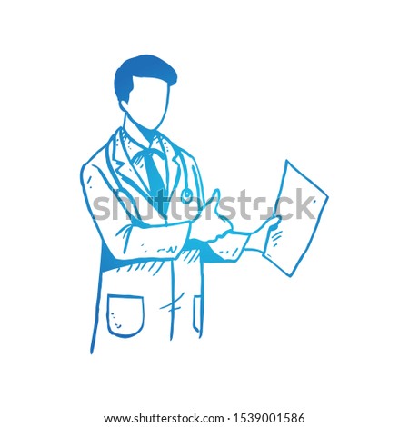 Young happy smart male doctor giving thumbs up gesture while showing great medical record result. Hand drawn concept vector illustration. Sketch isolated design. Suitable for banner and poster print