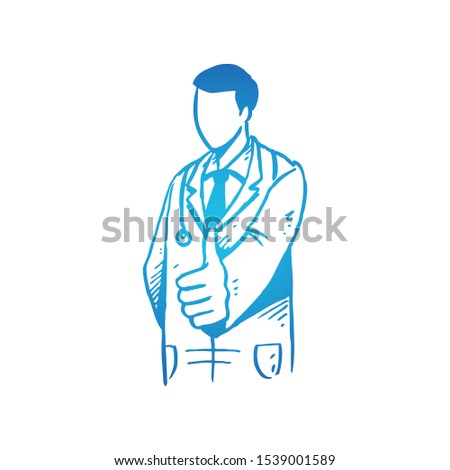 Young happy smart male doctor giving thumbs up gesture. Great excellent medical service treatment hand drawn concept design. Sketch isolated vector illustration. Suitable for presentation template
