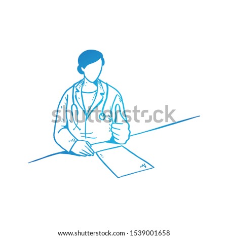 Young happy smart female doctor giving thumbs up gesture while reading medical record. Health sketch concept vector illustration. Hand drawn isolated design. Suitable for poster and banner template