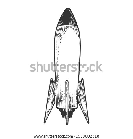 Space rocket sketch engraving vector illustration. T-shirt apparel print design. Scratch board style imitation. Black and white hand drawn image.