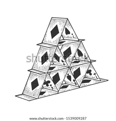 Card tower house of cards sketch sketch engraving raster illustration. Scratch board style imitation. Black and white hand drawn image.