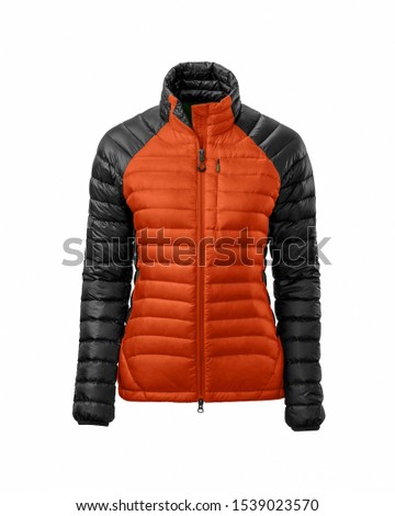 Women's orange with black warm sport puffer jacket isolated over white background. Ghost mannequin photography