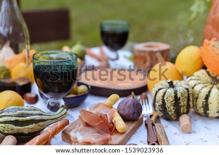 Autumn picnic in the park. Pumpkins, pie, prosciutto and snacks. Bottle of wine and glasses on a wooden table. Sunny day and outdoor recreation