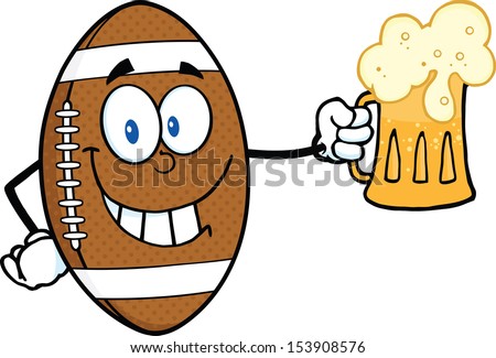Smiling American Football Ball Cartoon Character Holding A Beer. Raster Illustration