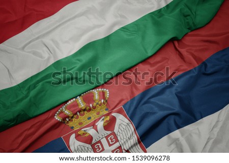 waving colorful flag of serbia and national flag of hungary. macro