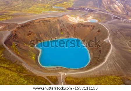 Viti, the lake crater at Krafla, Iceland. Aerial drone shot. September 2019