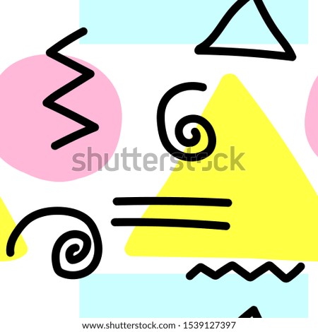 Memphis style seamless pattern. Geometric elements in yellow, blue, pink, black. Circles, triangles, squares, zig zags, stripes, spirals on a white background. Vector illustration for posters, textile