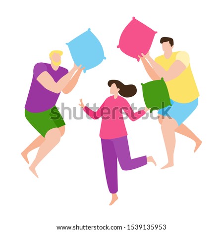 Young people having fun at a pajama sleepover party. Two guys and a girl fight with pillows. Colorful concept for pajama party or slumber party. Flat cartoon vector illustration.
