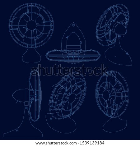 Set with a contour of a table fan in different positions. Old table fan engraving vector illustration. Scratch board style imitation. Vector illustration