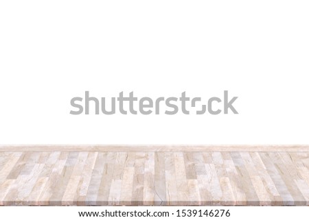Wood table top isolated on white background. Used for product placement or montage.