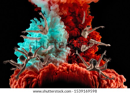 Group of modern ballet dancers in colorful clouds. Contemporary art ballet. Young flexible athletic men and women. Copyspace. Concept of dance grace, inspiration, creativity. Made of shots of 9 models