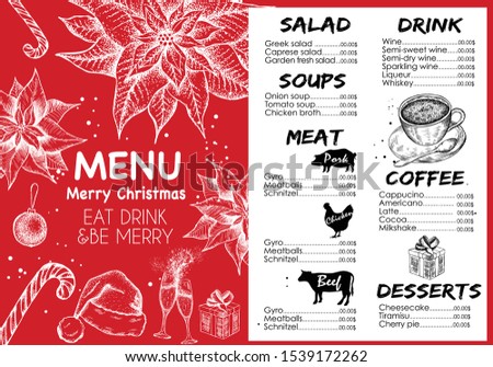 Christmas menu. Vector hand drawn illustration. Design template. 