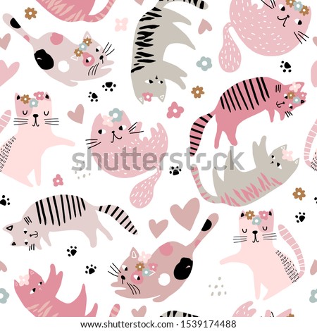 Seamless childish pattern with cute girl cats . Creative kids hand drawn texture for fabric, wrapping, textile, wallpaper, apparel. Vector illustration