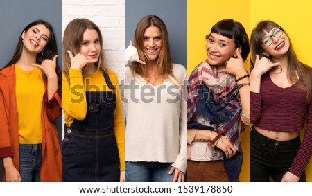 Set of women making phone gesture. Call me back sign