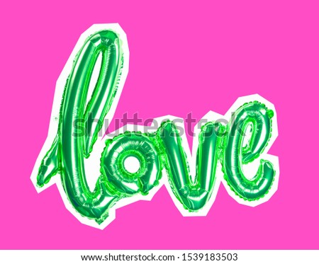 inflatable letters love in green mint color on pink background Flat lay Top view Holiday card, Happy Valentines day, romantic concept Love in air 