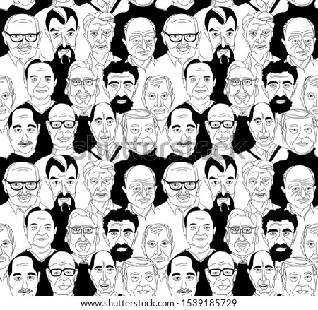Decorative elderly senior men's head seamless pattern background Happy Father's Day. Hand drawn grunge line drawing doodle black and white vector illustration poster