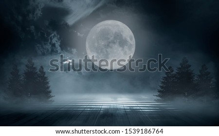 Dark forest. Gloomy dark scene with trees, big moon, moonlight. Smoke, shadow. Abstract dark, cold street background. Night view.