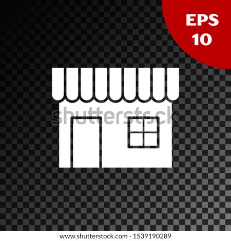White Shopping building or market store icon isolated on transparent dark background. Shop construction.  Vector Illustration