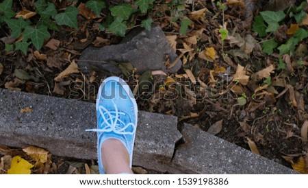 female foot in shoes on a concrete border. autumn