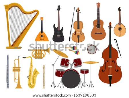 Musical instruments vector music concert with acoustic guitar balalaika and musicians violin harp illustration set wind instruments trumpet saxophone flute isolated on white background.