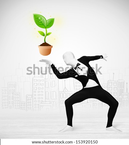 Funny man in full body suit with eco plant, ecological concept
