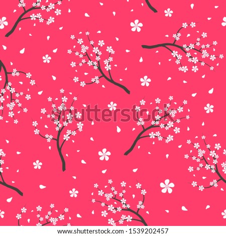 Seamless pattern of sakura doodle branch with flowers on the red. Vector illustration of repeat red background with pink flowers, branches and petals for cover, wallpaper, print, card, scrapbook art.