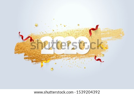 Luxury 2020 New Year Banner on Gold Brush with Gold Confetti and 3D Ribbons. Vector Illustration Royalty-Free Stock Photo #1539204392