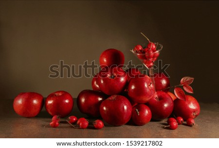 Composition of red apples and  hawthorn berries indoor. Autumn still life with red berries and apples.