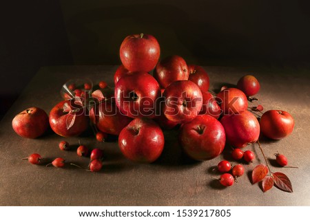  Composition of red apples and  hawthorn berries indoor. Autumn still life with red berries and apples.