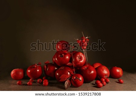  Composition of red apples and  hawthorn berries indoor. Autumn still life with red berries and apples.