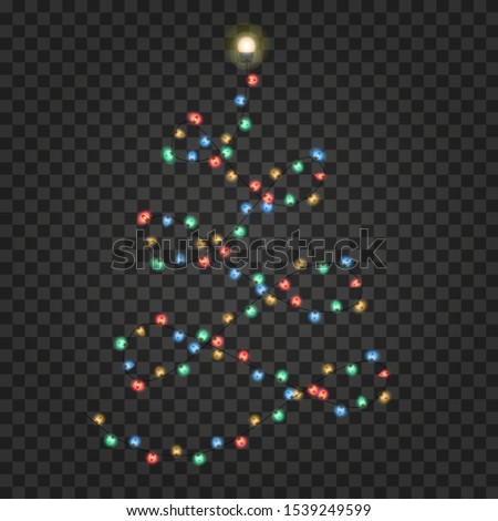 Shape of Christmas tree made of lights string. Holiday  garlands, festive decorations. Realistic glowing Xmas lightbulbs isolated on transparent background. Vector illustration. 