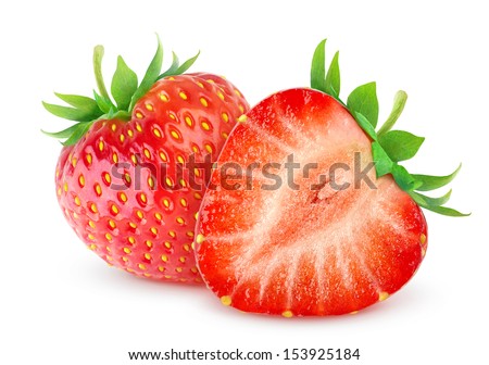 Isolated strawberries. Two cut strawberry fruits isolated on white background Royalty-Free Stock Photo #153925184