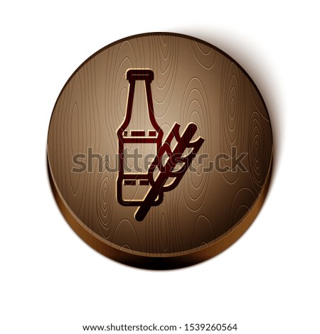Brown line Beer bottle icon isolated on white background. Wooden circle button. Vector Illustration