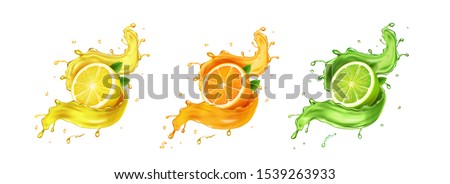 Juice splash lemon, orange, lime set. Citrus splashig fresh collection realistic vector. Royalty-Free Stock Photo #1539263933