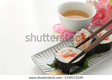 Japanese food, seafood and roe roll sushi Royalty-Free Stock Photo #1539272249