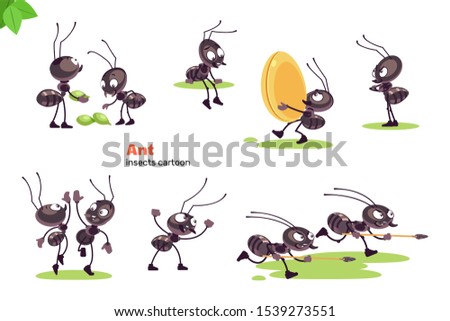 Black Ant cartoon character. Ants showing various emotions and actions. Cute cartoon characters of wildlife. Flat vector isolated design for mobile app, sticker, kids print, greeting card