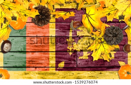 Sri Lanka flag on autumn wooden background with leaves and good place for your text