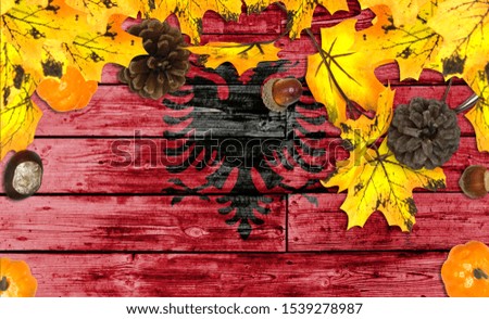 Albania flag on autumn wooden background with leaves and good place for your text