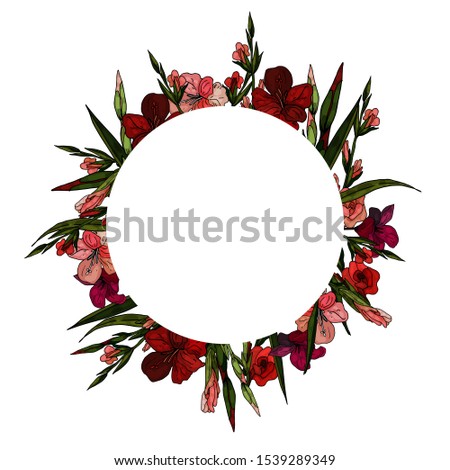Decorative wreath of gladiolus . Delicate greeting card, invitation for wedding, birthday, Easter. Place for your text. Copy space.