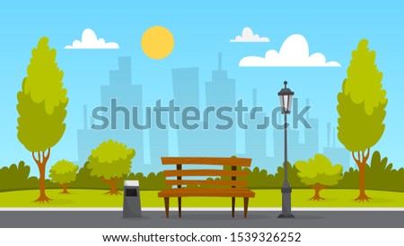 City park landscape. Green grass, bench and trees. Summer scenery with blue sky. Walkway in park.  illustration in cartoon style