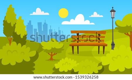 City park landscape. Green grass, bench and trees. Summer scenery with blue sky.  illustration in cartoon style
