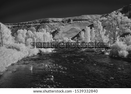 Bridge crossing the Truckee River near Reno, Nevada in autumn. Infrared photograph.