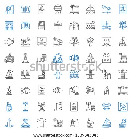 wave icons set. Collection of wave with satellite dish, boat, walkie talkie, lighthouse, signal, eruption, surfboard, rss feed, wifi, beach. Editable and scalable wave icons.