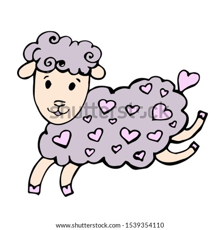 Lamb. Hand-drawn vector illustration of little grey sheep with heart illustration. Scandinavian style. Cartoon. Clip art animal. Trendy children illustration. Isolated on white. Valentines Day.