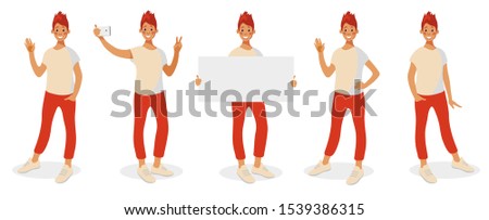 Set of different poses of a young girl in casual clothes. Teenager with different gestures, selfie, presentation, greeting. Flat vector illustration. Cartoon design, isolated on white background.